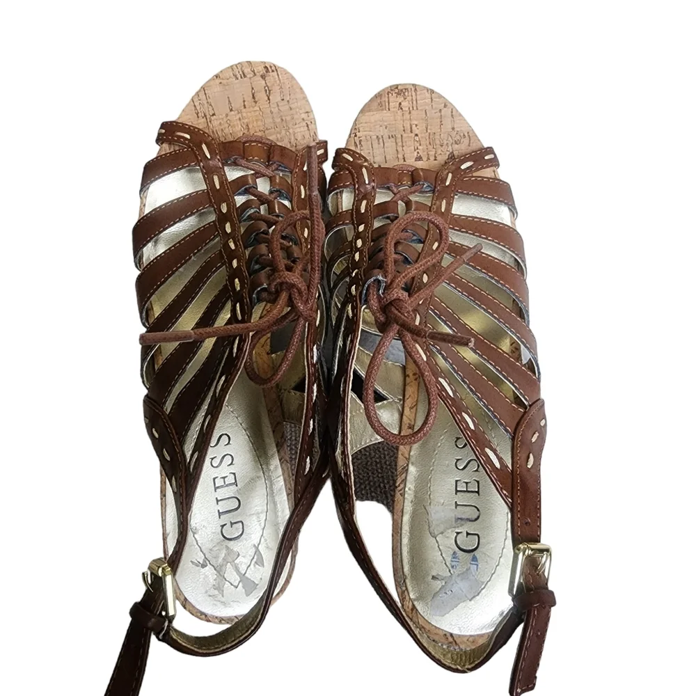 Guess Brown Gladiator Lace Up Cut Out Slingback Platform Wedge Heels size 7.5